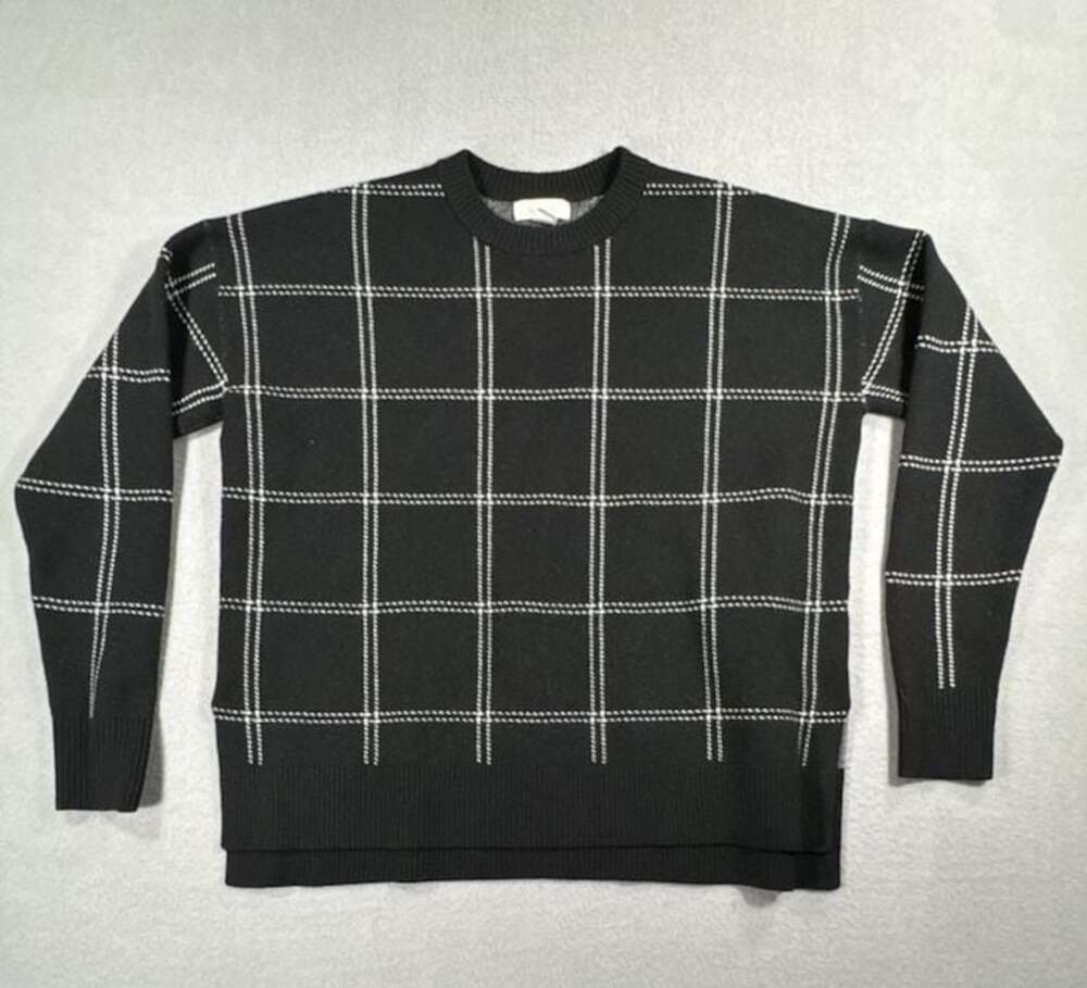 Nordstrom Rack Black and White Plaid Grid Pattern Crewneck Sweater